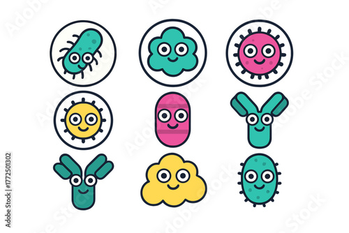 Colorful stylized collection of microbes, bacteria, virus, and antibody icons