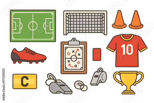 Collection of essential soccer and football equipment including cleats jersey and trophy