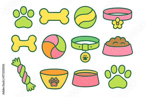 Colorful collection of dog accessories including bones, balls, collars, paw prints, and food bowls