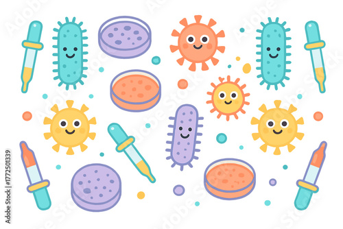 Colorful collection of friendly microscopic germs bacteria viruses and science lab instruments