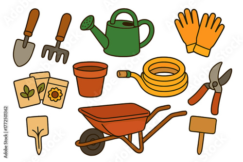 Collection of essential gardening tools and equipment including wheelbarrow and seed packets