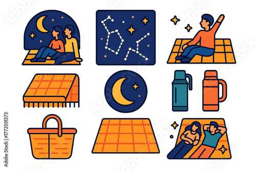 People enjoying a nighttime outdoor picnic and stargazing activity essentials
