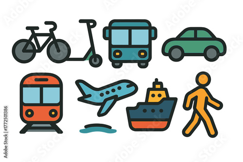 Modern colorful icons showing various modes of transport and walking movement