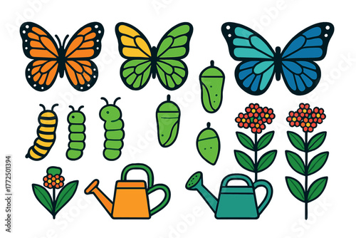 Colorful set of butterflies, caterpillars, chrysalises, flowers, and gardening equipment