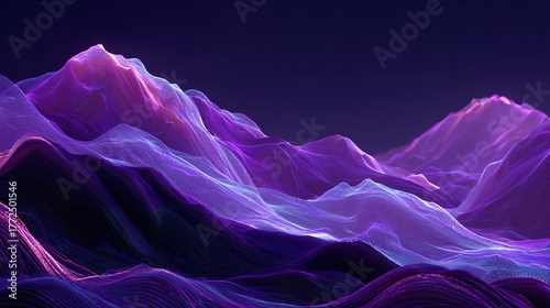 Fototapeta Naklejka Na Ścianę i Meble -  Abstract digital landscape of glowing purple mountains and valleys, rendered with a futuristic, ethereal, and luminous aesthetic