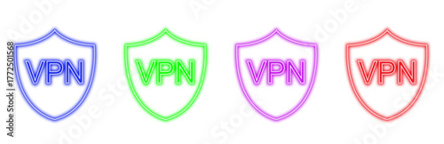 Four neon outline icons of a shield with vpn text in different colors