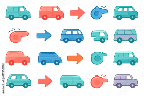 Seamless repeating design featuring stylized colorful cars, whistles, and directional arrows