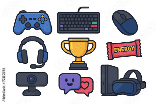 Modern eSports and video game streaming equipment gamepad headset keyboard VR goggles