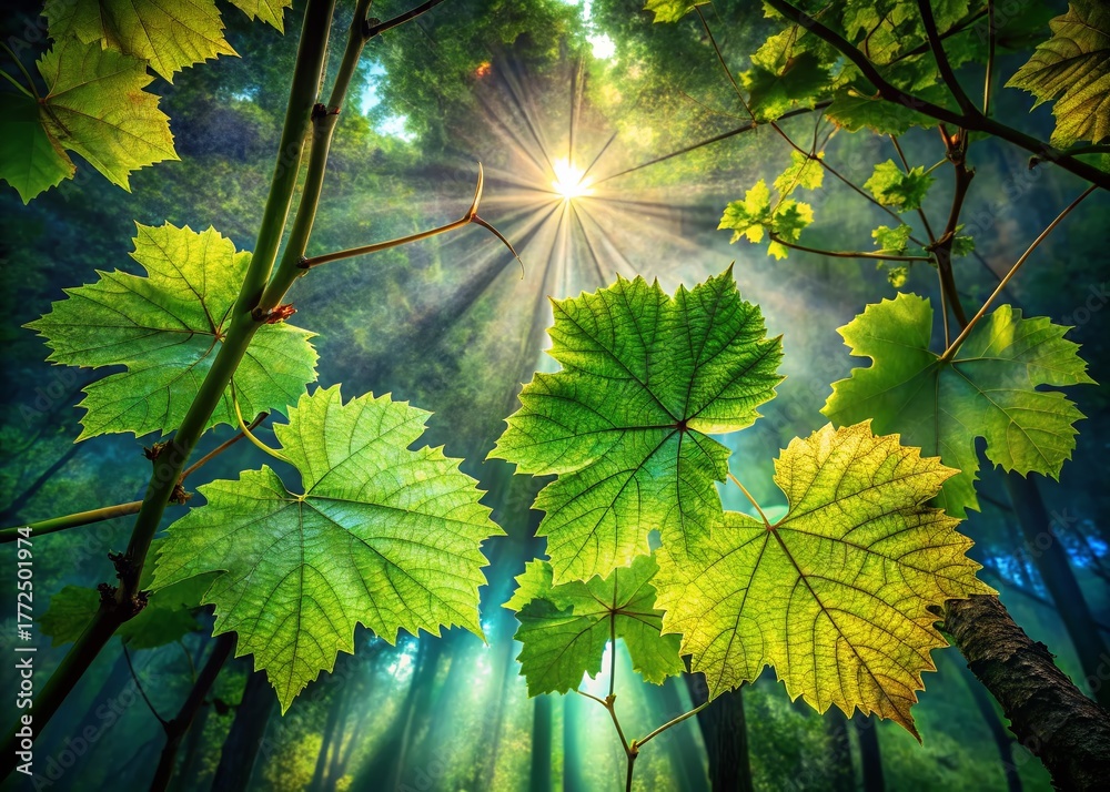 Fototapeta premium Double Exposure: Wild Grapevine Leaves & Lush Forest
