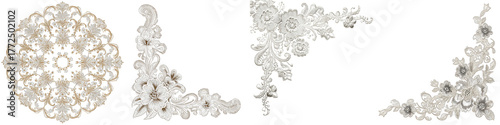 Intricate floral lace designs including round pattern and corner accents on transparent background