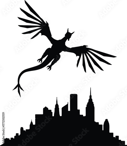 Silhouette dragon soars over cityscape at night vector illustration