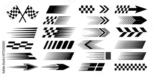Race Car Stripes, Checkered Flags, Finish Line Icons, Motocross Labels, and Dynamic Speed Graphics for Sports Design and Branding