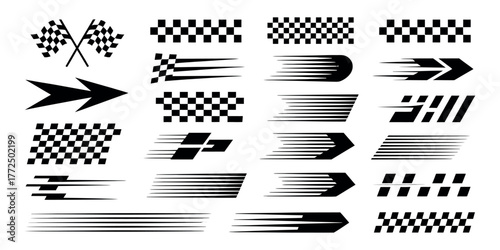 Race Car Stripes and Motorsports Vector Set. Dynamic Racing Lines, Checkered Flags, Finish Line Elements, Speed Graphics, and Competition Labels for Automotive Design and Branding