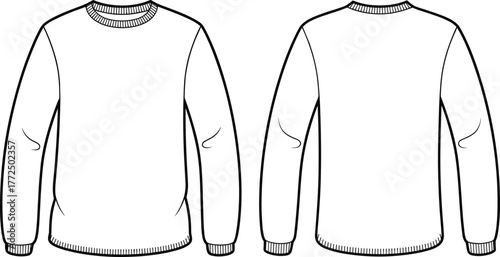Blank crewneck sweatshirt flat sketch front and back view, unisex long sleeve pullover sweater technical drawing, apparel fashion design template for clothing mockup illustration