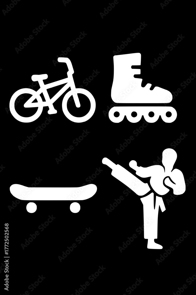 Fototapeta premium vector illustration sketchbook, bicycle, roller skates and karate 
