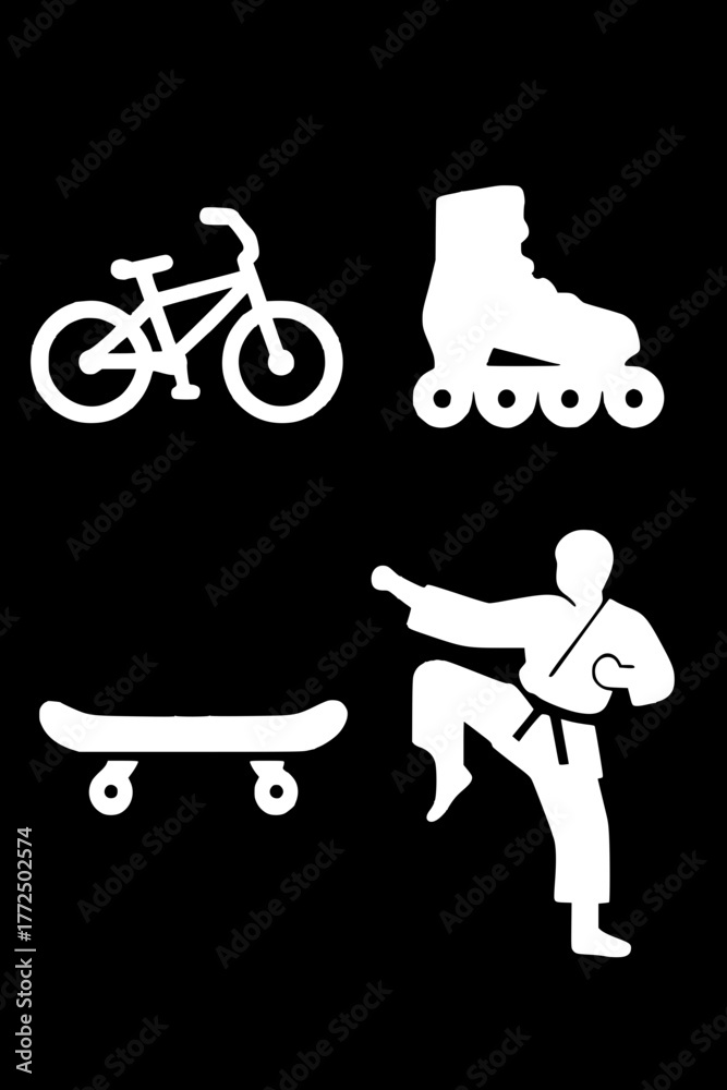 Fototapeta premium vector illustration sketchbook, bicycle, roller skates and karate