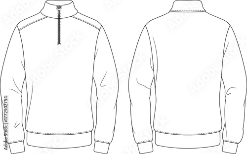 Blank half zip pullover sweatshirt front and back view, unisex mock neck sweater flat sketch, apparel fashion design template for clothing mockup illustration