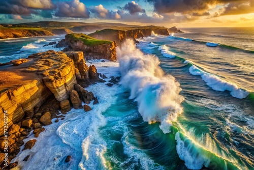 Dramatic Aerial View: Ocean Waves Crashing on Rugged Coastline