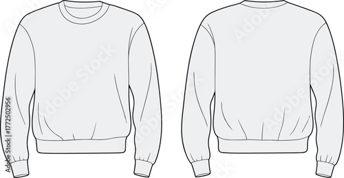 Blank white crewneck sweatshirt front and back view, unisex casual pullover sweater flat lay, apparel mockup template for fashion design, clothing branding