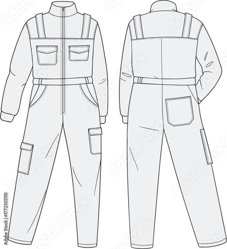 Utility jumpsuit flat sketch front and back view, cargo workwear technical drawing, fashion apparel design template for men and women clothing mockup illustration