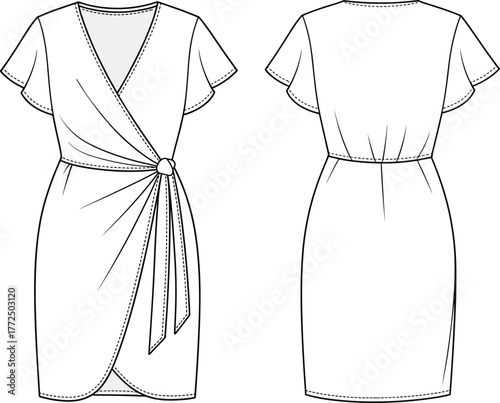 Elegant wrap dress fashion flat sketch with short flutter sleeves, belted waist, and knee-length hemline, stylish women's apparel design illustration, outline template