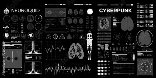 Futuristic cyberpunk neuro interface displays brain scans and medical data