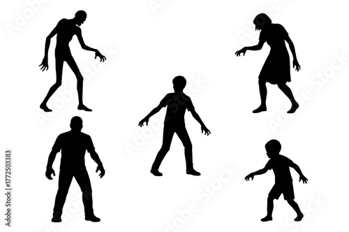 Set of black zombie silhouettes with man, woman, and child figures