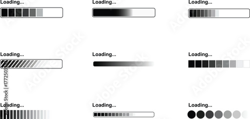 Various loading bars showing progress in different styles and configurations.