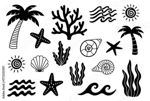 Set of black beach and summer icons with palm tree, coral, starfish, seashell, wave, sun, and seaweed