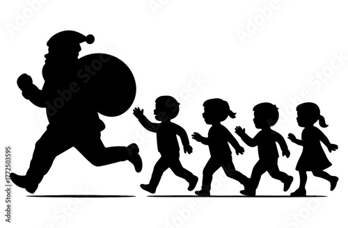 Santa claus silhouette running with a gift sack followed by a line of happy children