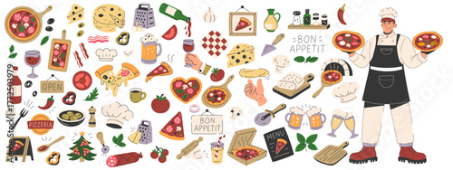 Italian pizza chef with colorful food elements and ingredients for cafe poster and menu design