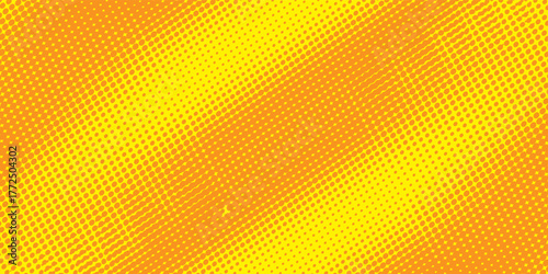 Yellow orange halftone pattern. Retro comic gradient background. Square pixilated dot cartoon texture. Pop art faded gradient pattern. Vector backdrop.