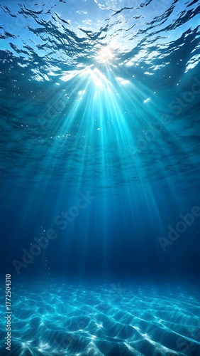 Underwater ocean background with sun rays shining through water surface and sea floor view hd