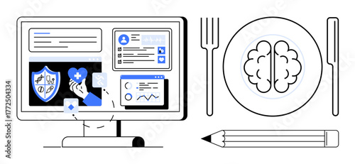 Computer displaying healthcare interface, hand interacting with icons, brain on plate, fork, knife, and pencil. Ideal for healthcare, digital innovation, education creativity wellness