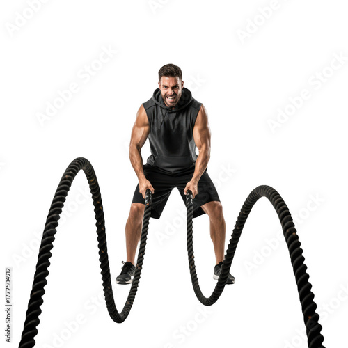 A muscular man in a black hoodie and shorts performing battle ropes on a , against transparent background