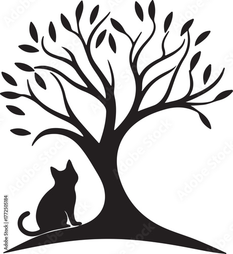 Cat Silhouette Sitting on a Tree Branch – Vector Illustration