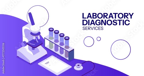 Concept of telemedicine. Moving banner with microscope, test tubes with samples for laboratory diagnosis and treatment of diseases. Online medical service. Isometric 3D graphic animated cartoon