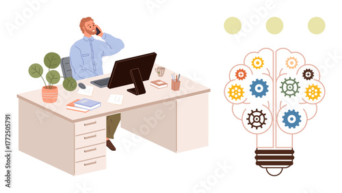 Person working at desk, talking on phone. Gear and bulb graphic represents innovation, teamwork, problem-solving. Ideal for productivity, collaboration, creativity, strategy thought leadership