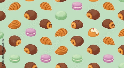 Delicious French Pastries Seamless Pattern on Light Green Background.