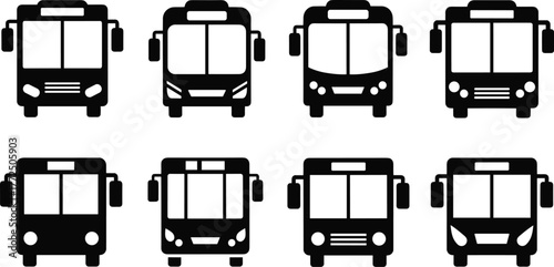 Public transportation bus icons collection, city vehicle front view symbols, transport service graphic signs set, travel concept, flat vector illustration