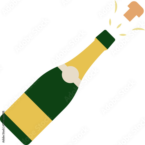 Bottle of champagne with flying cork with gold label for Christmas and New Year, Happy Birthday greetings, splashes explosion of sparkling wine. Drinking wineglass with bottles in ice bucket. Holiday