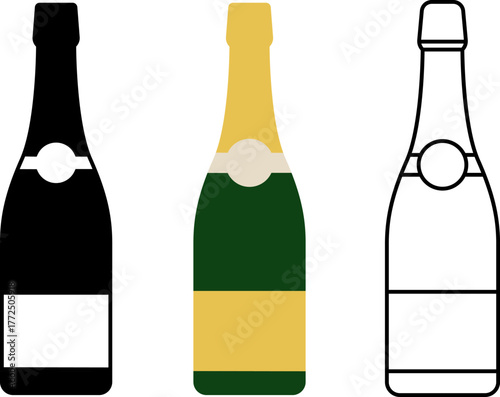 Bottle of champagne with flying cork with gold label for Christmas and New Year, Happy Birthday greetings, splashes explosion of sparkling wine. Drinking wineglass with bottles in ice bucket. Holiday