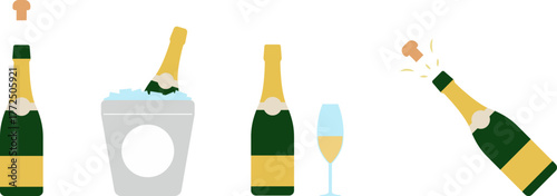 Bottle of champagne with flying cork with gold label for Christmas and New Year, Happy Birthday greetings, splashes explosion of sparkling wine. Drinking wineglass with bottles in ice bucket. Holiday