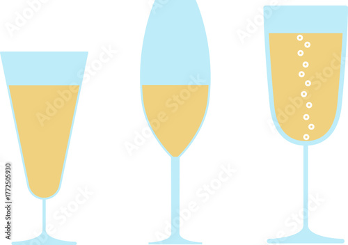 Bottle of champagne with flying cork with gold label for Christmas and New Year, Happy Birthday greetings, splashes explosion of sparkling wine. Drinking wineglass with bottles in ice bucket. Holiday