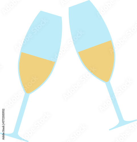 Bottle of champagne with flying cork with gold label for Christmas and New Year, Happy Birthday greetings, splashes explosion of sparkling wine. Drinking wineglass with bottles in ice bucket. Holiday