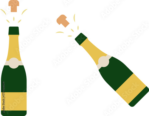 Bottle of champagne with flying cork with gold label for Christmas and New Year, Happy Birthday greetings, splashes explosion of sparkling wine. Drinking wineglass with bottles in ice bucket. Holiday