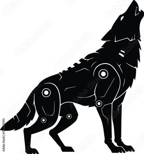Silhouette of futuristic wolf howling in black and white vector illustration