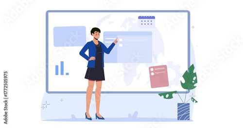 Business service. Moving banner with female entrepreneur speaking at business conference about big data. Analysis of statistics, graphs, and charts for company growth. Flat graphic animated cartoon