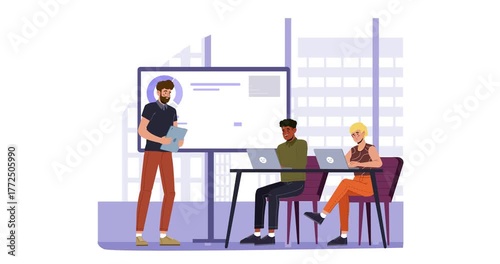 Business service. Moving banner with male entrepreneur speaking at business training session or discussing financial statistics with colleagues at meeting. Flat graphic animated cartoon