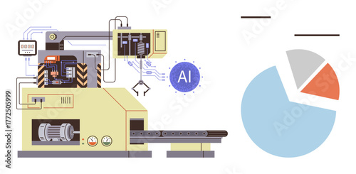 Industrial manufacturing machine with digital AI interface and robotic arm. Analyzing a pie chart representing data. Ideal for manufacturing, technology, automation, AI, robotics, data visualization